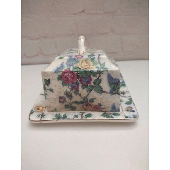 Royal Tudor Ware Barker Bros England Covered Butter Dish Bluebirds & Flowers - Picture 4 of 12